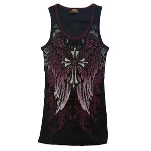Y2K Cross Angel Wings Rhinestone Embellishment Black Ribbed Tank Top Small - USA